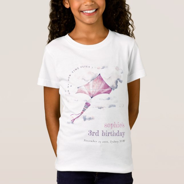 Elegant Cute Pink Flying Kite Sky Clouds Birthday T-Shirt (Front)