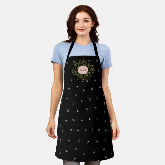 Elegant Cute Pink Girly Floral Monogram Name Apron (Worn)
