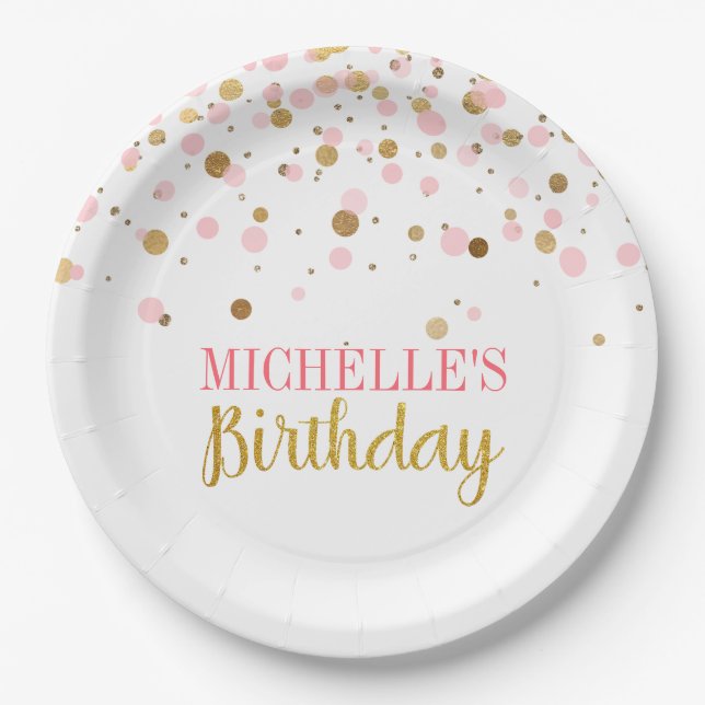 Elegant Cute Pink Gold Confetti Girl Birthday Paper Plates (Front)