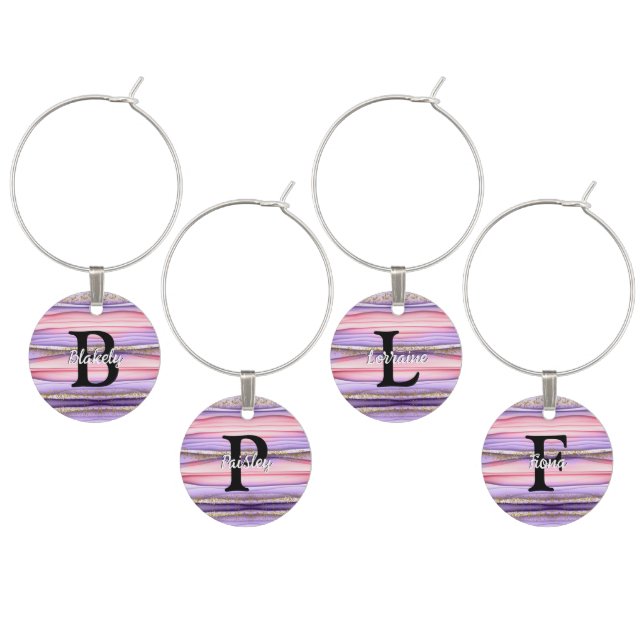 Elegant Cute Pink & Purple Monogram Name + Initial Wine Charm (Staggered)