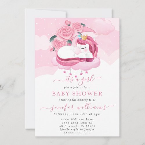 Elegant Cute Pink Unicorn Floral Baby Shower Invitation