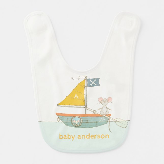 Elegant Cute Pirate Mouse Sailboat Kids Monogram Baby Bib (Front)
