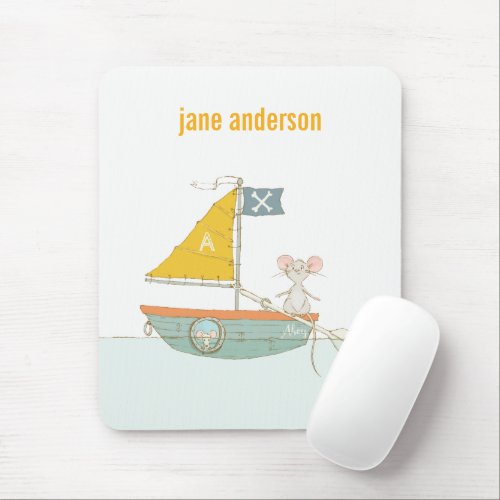 Elegant Cute Pirate Mouse Sailboat Kids Monogram  Mouse Pad