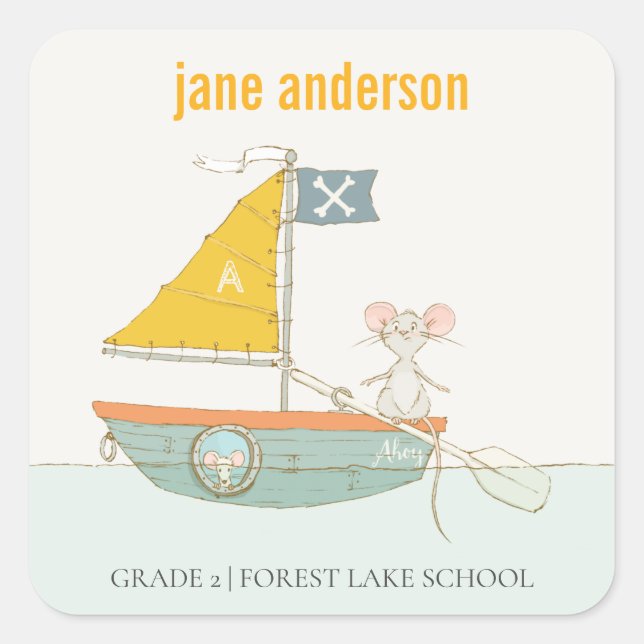 Elegant Cute Pirate Mouse Sailboat Kids Monogram  Square Sticker (Front)