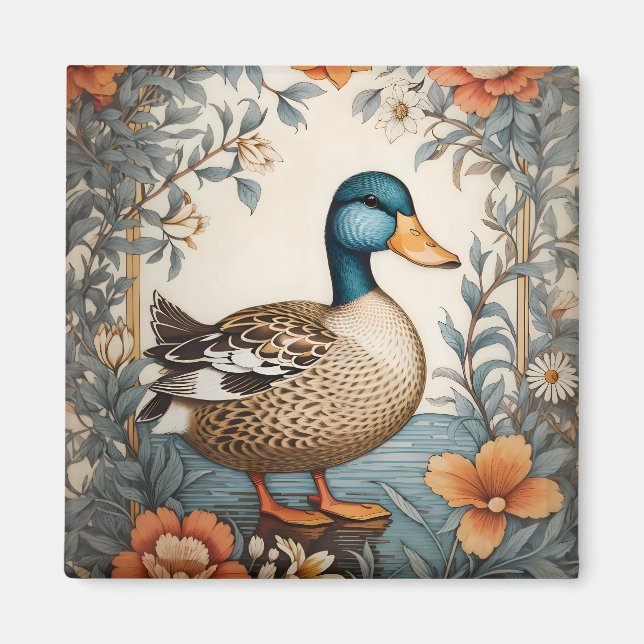 Elegant Cute Plump Duck Vintage Floral Magnet (Front)