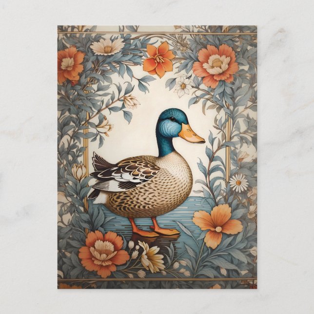 Elegant Cute Plump Duck Vintage Floral Postcard (Front)