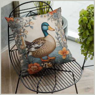 Elegant Cute Plump Duck Vintage Floral Throw Pillow