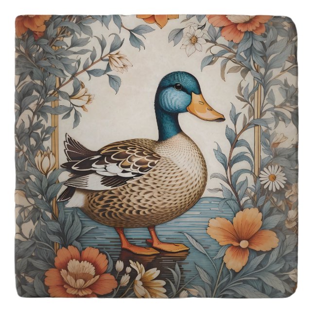 Elegant Cute Plump Duck Vintage Floral Trivet (Front)