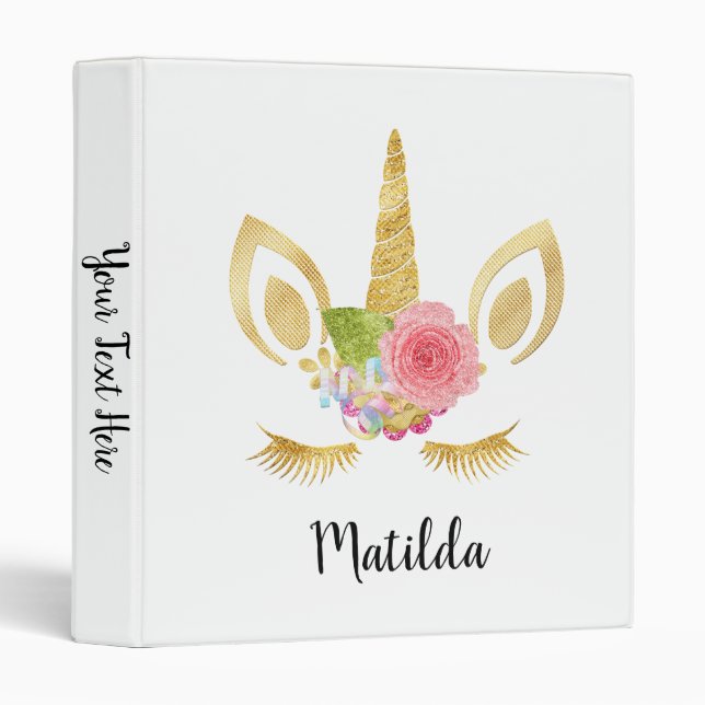 Elegant cute pretty floral gold glitter unicorn 3 ring binder (Front/Spine)