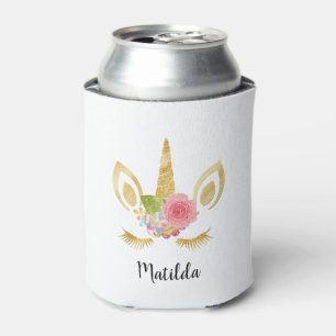 Elegant cute pretty floral gold glitter unicorn can cooler