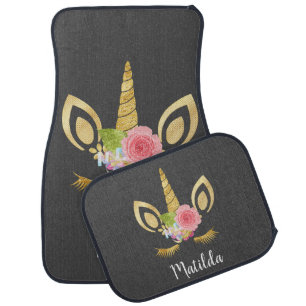 Elegant cute pretty floral gold glitter unicorn car floor mat