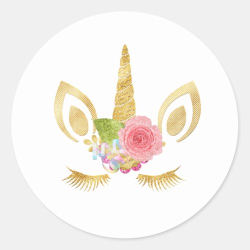 Elegant cute pretty floral gold glitter unicorn classic round sticker