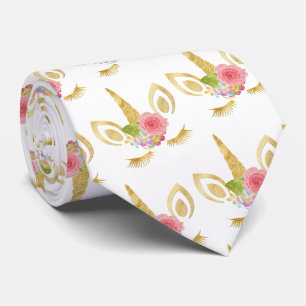 Elegant cute pretty floral gold glitter unicorn neck tie