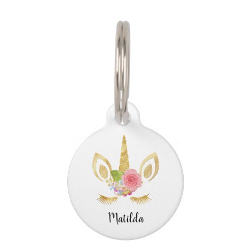 Elegant cute pretty floral gold glitter unicorn pet ID tag