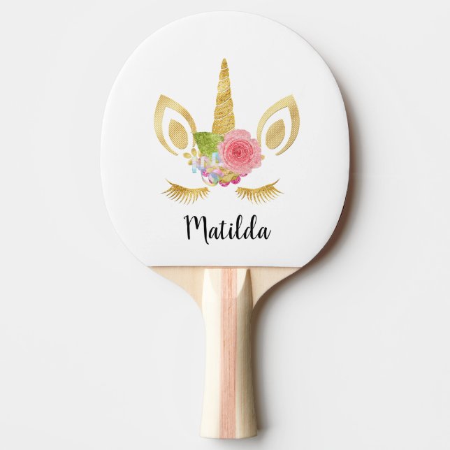 Elegant cute pretty floral gold glitter unicorn ping pong paddle (Front)