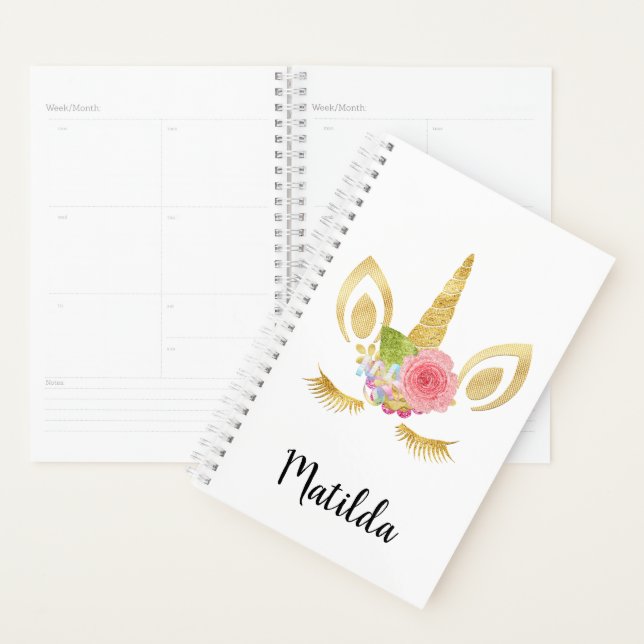 Elegant cute pretty floral gold glitter unicorn planner (Display)