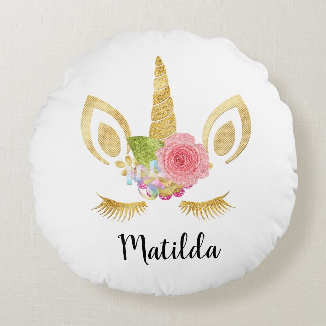 Elegant cute pretty floral gold glitter unicorn round pillow (Front)