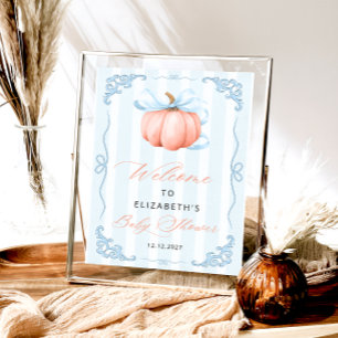 Elegant Cute Pumpkin Blue Bow Baby Shower Poster