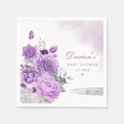 Elegant Cute Purple Watercolor Floral Baby Shower  Napkins