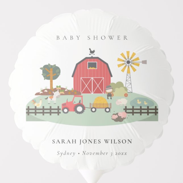 Elegant Cute Red Barnyard Farm Animal Baby Shower Balloon (Front)