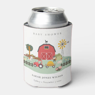 Elegant Cute Red Barnyard Farm Animal Baby Shower Can Cooler