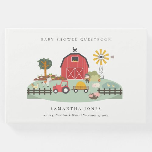 Elegant Cute Red Barnyard Farm Animal Baby Shower Guest Book