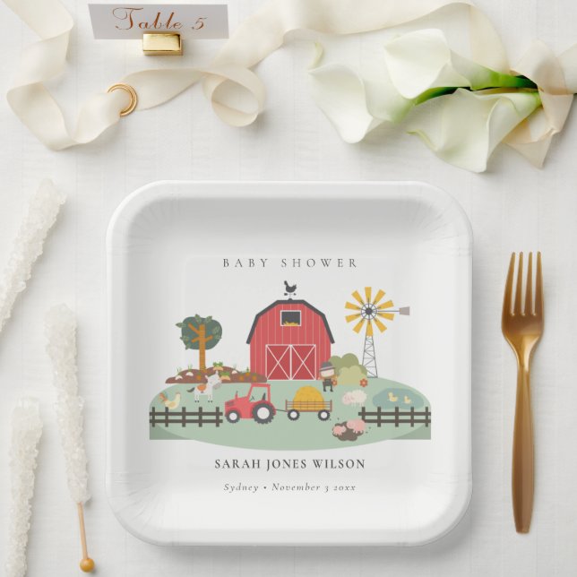 Elegant Cute Red Barnyard Farm Animal Baby Shower Paper Plates (Wedding)