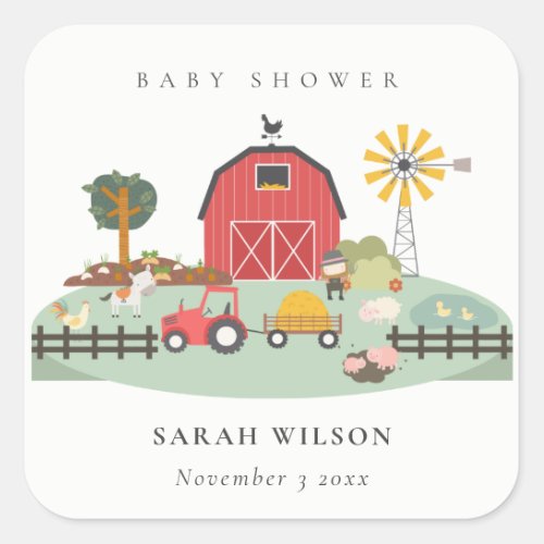 Elegant Cute Red Barnyard Farm Animal Baby Shower Square Sticker