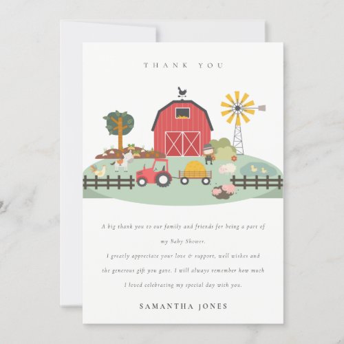 Elegant Cute Red Barnyard Farm Animal Baby Shower Thank You Card