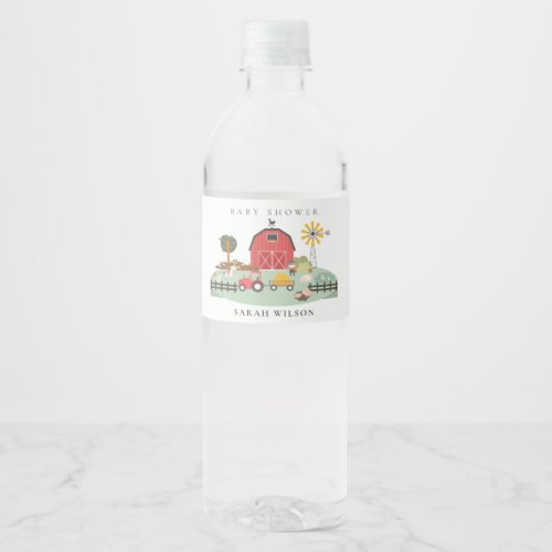 Elegant Cute Red Barnyard Farm Animal Baby Shower Water Bottle Label