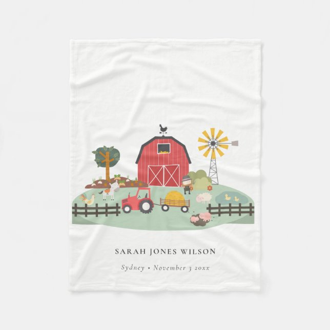 Elegant Cute Red Green Barnyard Farm Animal Kids Fleece Blanket (Front)