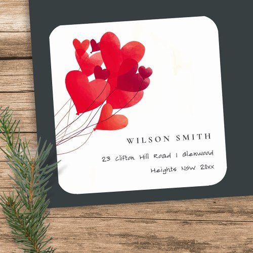 Elegant Cute Red Heart Balloons Watercolor Address Square Sticker