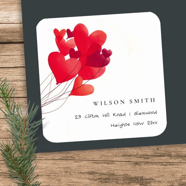 Elegant Cute Red Heart Balloons Watercolor Address Square Sticker (Creator Uploaded)