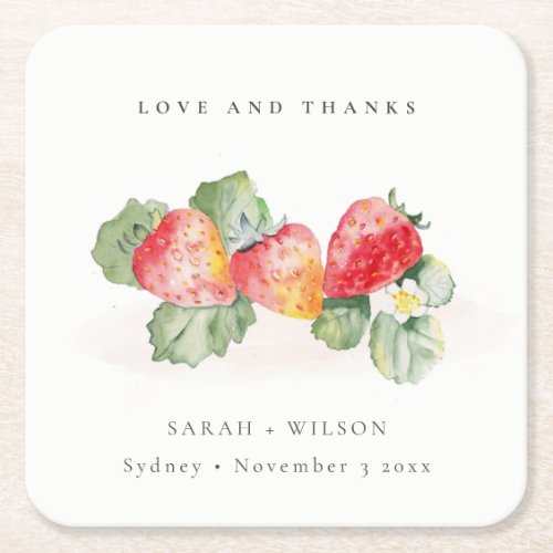 Elegant Cute Red Strawberry Leafy Foliage Wedding Square Paper Coaster