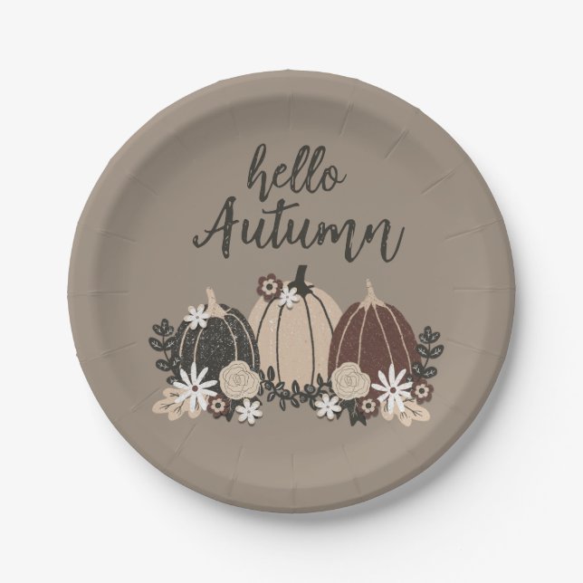 Elegant Cute Retro Autumn Black Pumpkins-Flowers Paper Plates (Front)