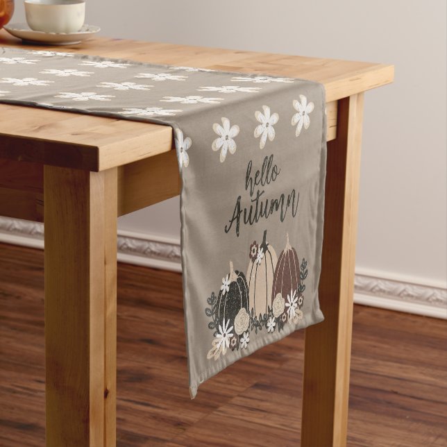 Elegant Cute Retro Autumn Black Pumpkins-Flowers Short Table Runner (In Situ)