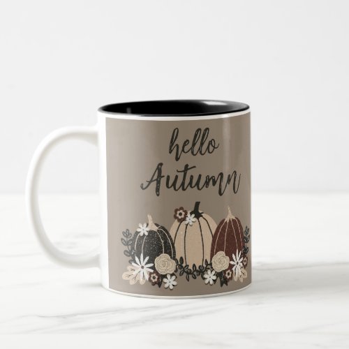 Elegant Cute Retro Autumn Black Pumpkins_Flowers Two_Tone Coffee Mug