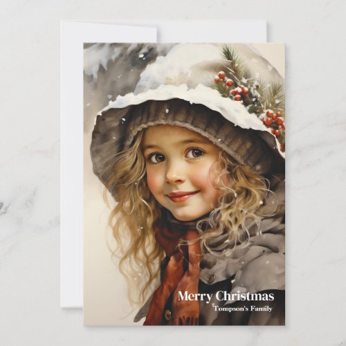 Elegant cute retro girl with holly berry holiday card
