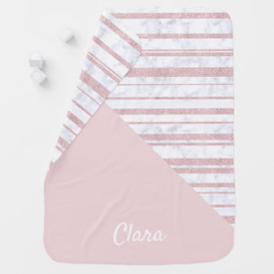 Elegant cute rose gold glitter stripe white marble baby blanket