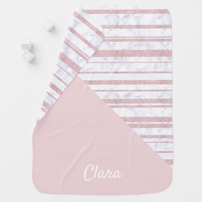Elegant cute rose gold glitter stripe white marble baby blanket (In Situ)