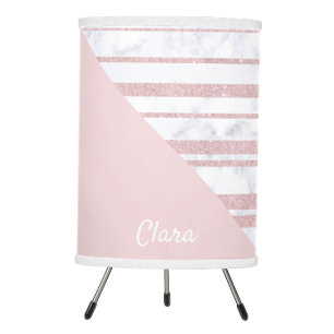 Elegant cute rose gold glitter stripe white marble tripod lamp