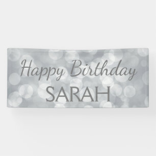 Elegant Cute Silver Glittery Bokeh Happy Birthday Banner