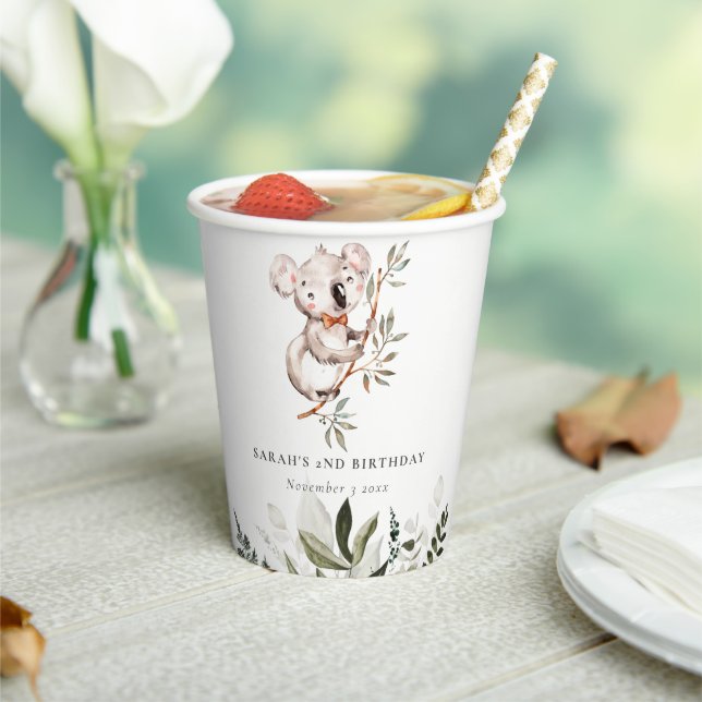 Elegant Cute Sleepy Koala Foliage Any Age Birthday Paper Cups (Insitu)