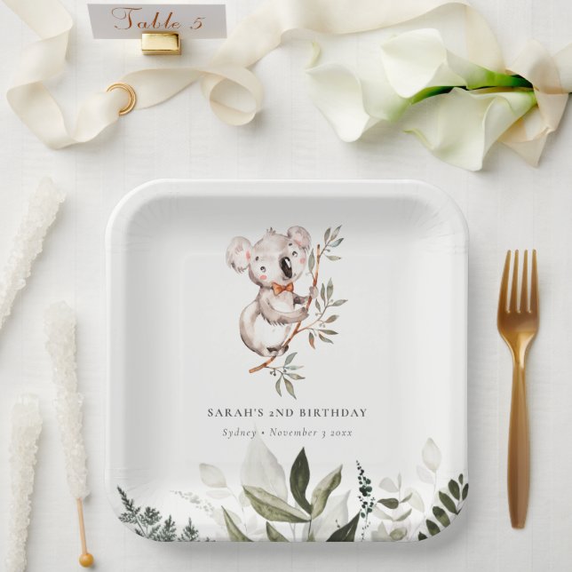 Elegant Cute Sleepy Koala Foliage Any Age Birthday Paper Plates (Wedding)
