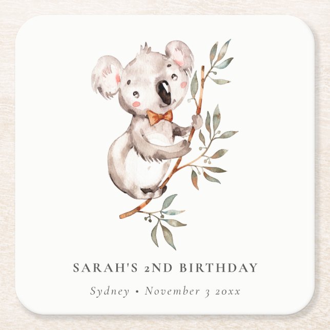 Elegant Cute Sleepy Koala Foliage Any Age Birthday Square Paper Coaster (Front)