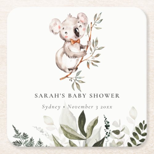 Elegant Cute Sleepy Koala Foliage Baby Shower  Square Paper Coaster