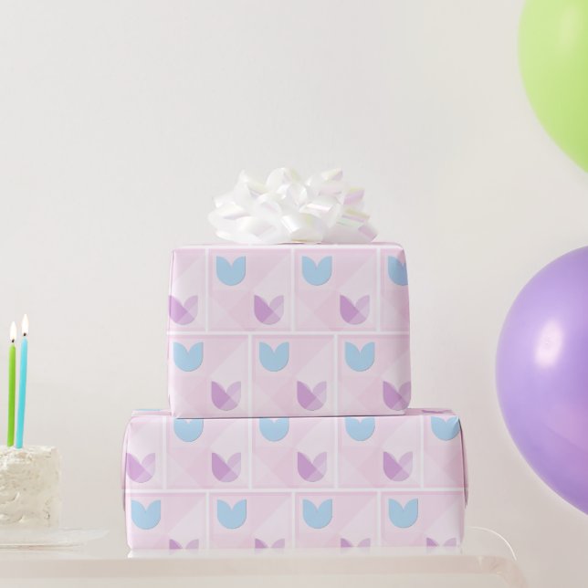 Elegant, Cute Soft Blue and Purple Tulips on Pink Wrapping Paper (Party Gifts)