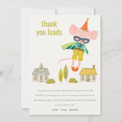 Elegant Cute Superhero Mouse Fun Kids Birthday Thank You Card