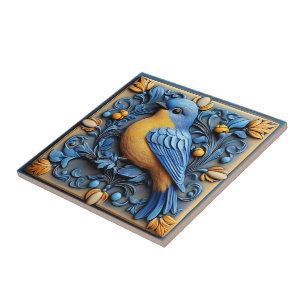 Elegant Cute Trendy Wildlife Floral Blue Bird Ceramic Tile