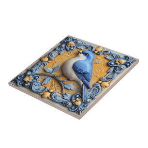 Elegant Cute Trendy Wildlife Floral Blue Bird Ceramic Tile